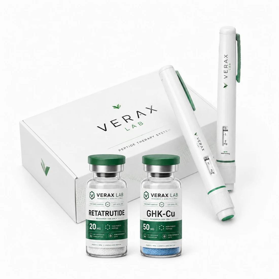 Bundle Pack contents: Retatrutide and GHK-Cu vials with the VERAX LAB injection pen and retail box